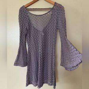Crochet Knit Mini Dress M Boho Open Back Flare Bell Sleeve Festival Coachella